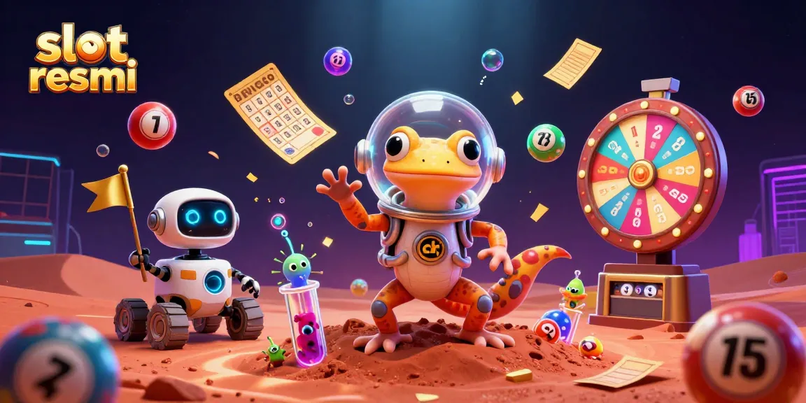 Bermain slot resmi dengan simbol keberuntungan oleh gecko alien di kasino emas, menyambut pemain baru.