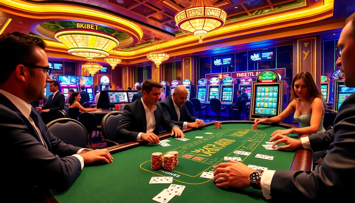 Experience the excitement of 8KBET with players enjoying blackjack at a luxurious casino setting.