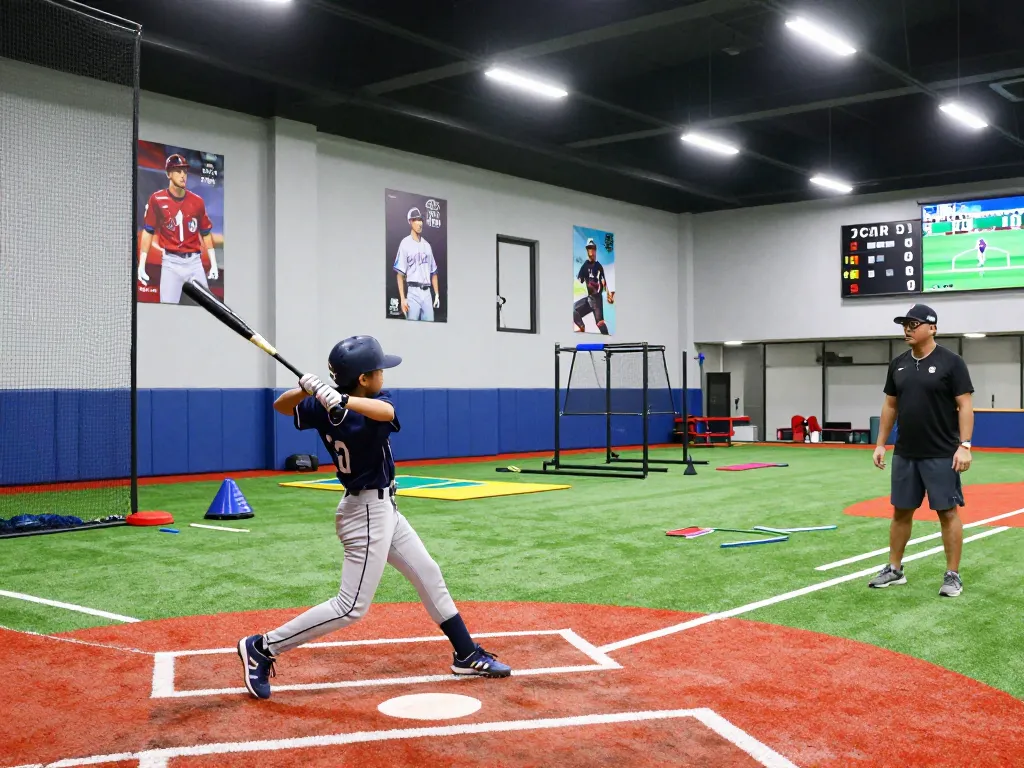 Athlete training at HitClub baseball facility, practicing swing with coach's guidance in vibrant environment.