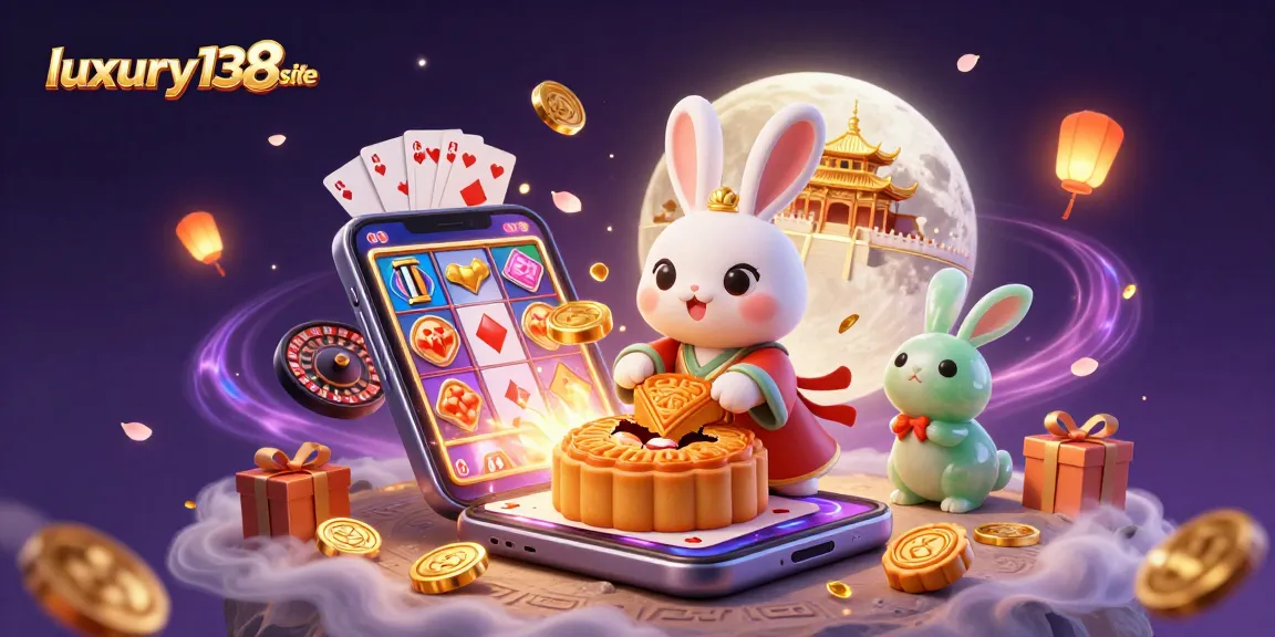 Play engaging games at luxury138 site featuring a rabbit chef on the moon with poker chips and digital slots.