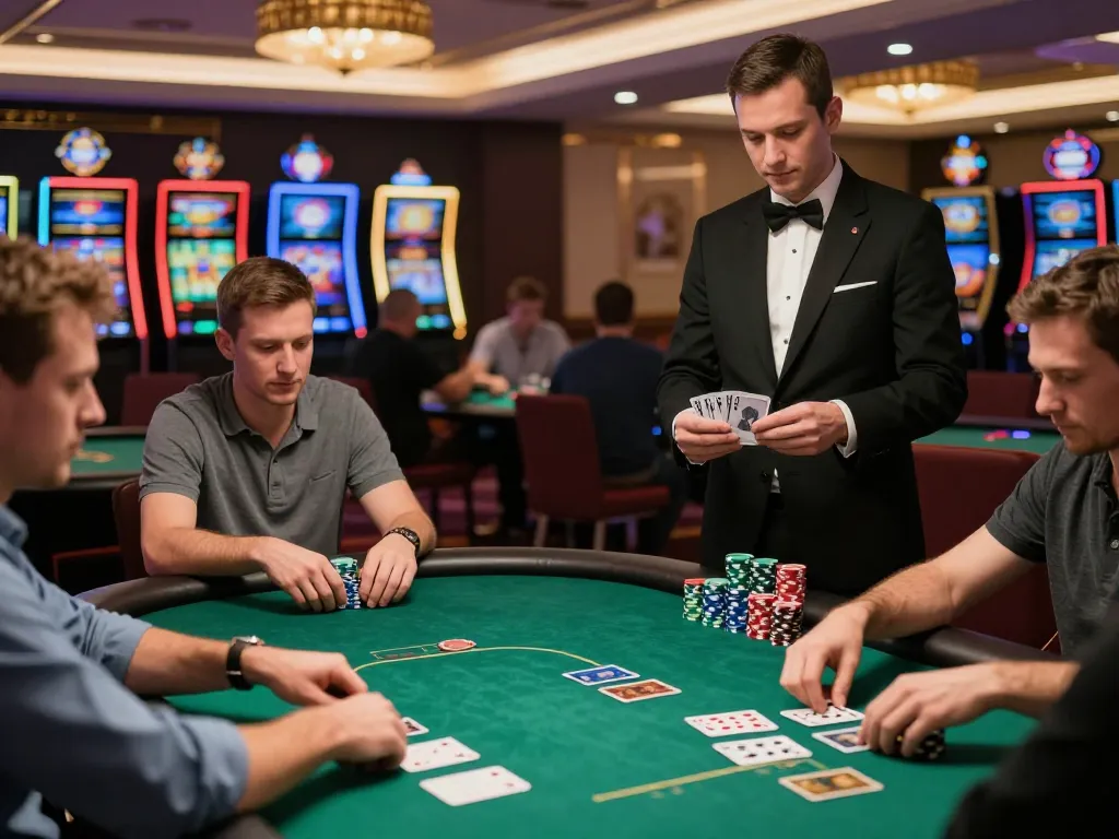 Action-packed poker scene at trang chủ lc88 with players engaged and dealer managing the game