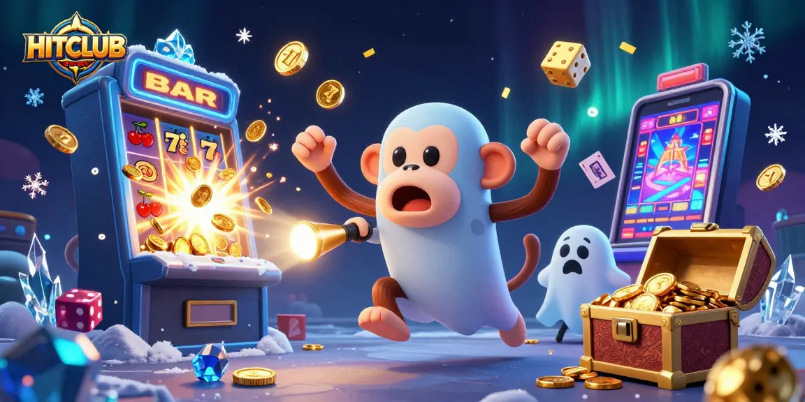 Engage with HITCLUB's vibrant casino atmosphere as a playful monkey juggles golden items while a curious puppy hunts ghosts.