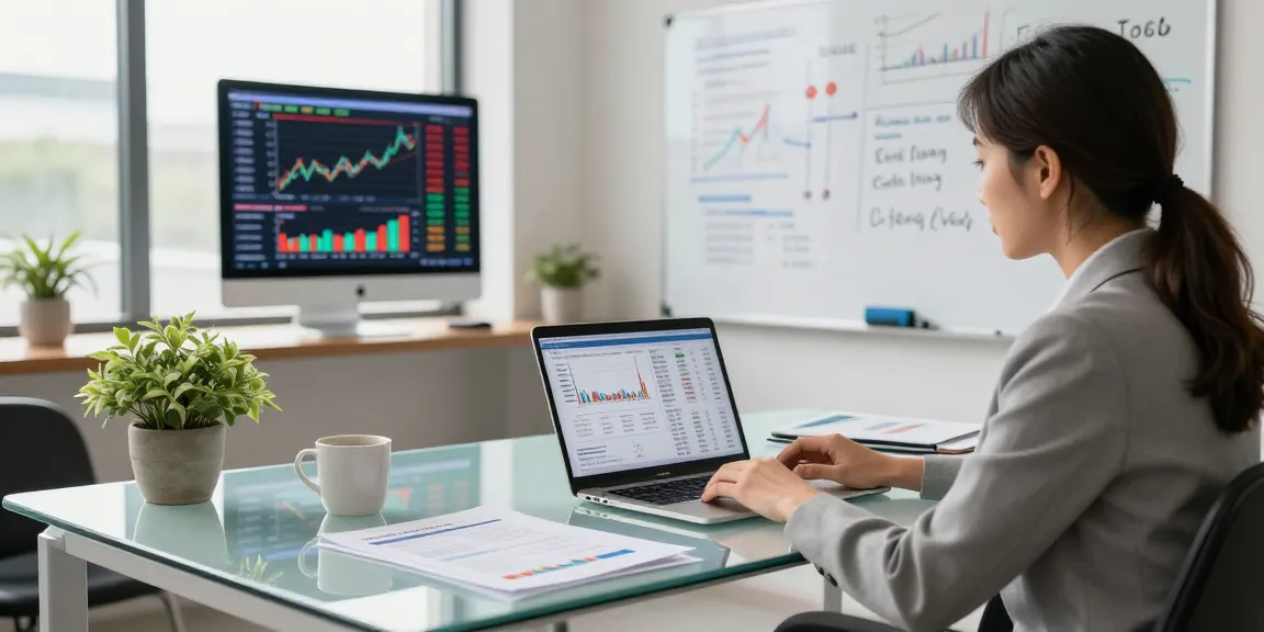 Advisor analyzing ETF trends in modern financial office with laptop and reports
