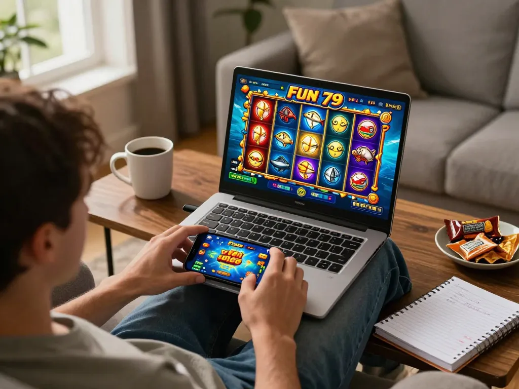 Player engaging with Fun 79 in a cozy home setting, showcasing online gambling excitement.