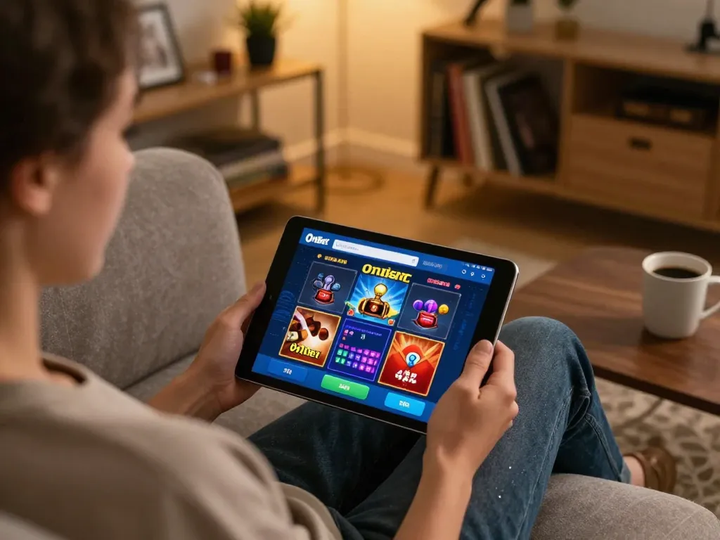 Enjoying a gaming session with OnBet on a tablet in a cozy home setting