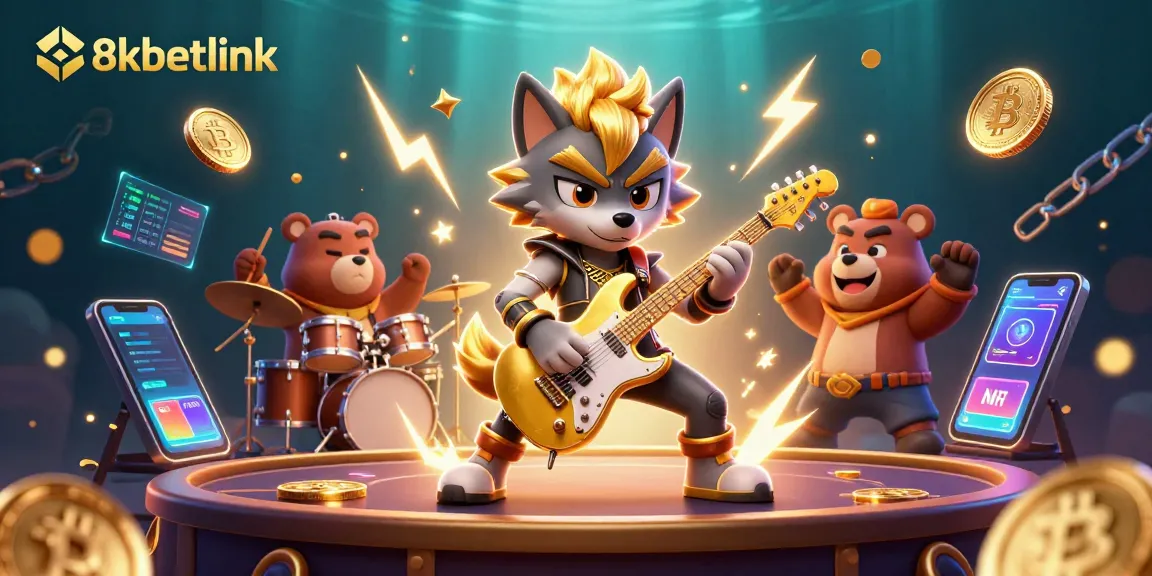 Engage with a vibrant 8xbetlink casino scene featuring a rock star wolf and drummer bear with dynamic gambling elements.