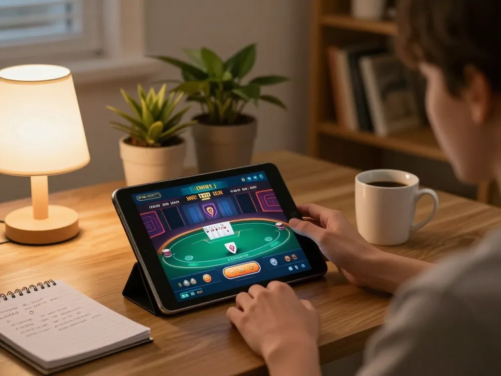 Person enjoying online casino poker on tablet, exploring uu88vip gaming strategy at home.