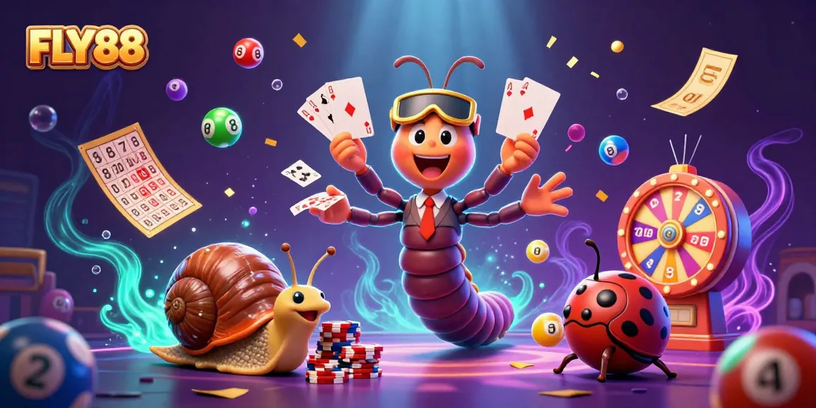 Join FLY88's thrilling casino scene featuring a millipede dealer and vibrant lottery balls.