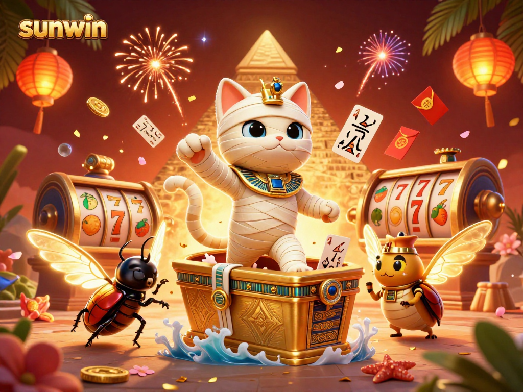 Spin to win with sunwin as the Egyptian mummy cat and scarab beetle light up the casino!