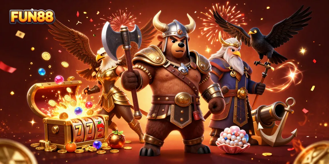 Engage with FUN88 in this vibrant 3D illustration featuring a Viking bear and Valkyrie eagle amidst a treasure explosion.