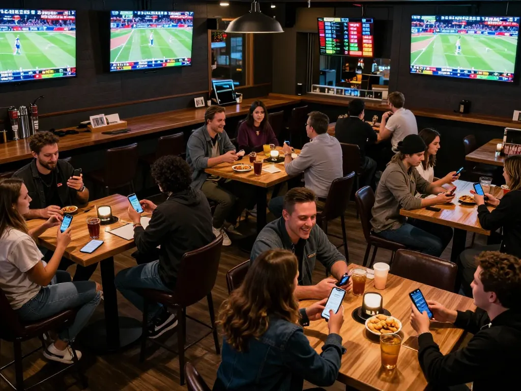 Soi keo nha cai with excited patrons engaging in sports betting at a lively sports bar.