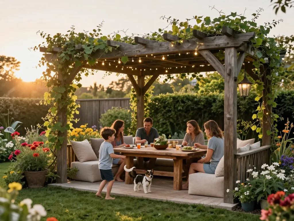 Outdoor family gathering under a custom-designed pergola configurator software showcasing vibrant garden setting.