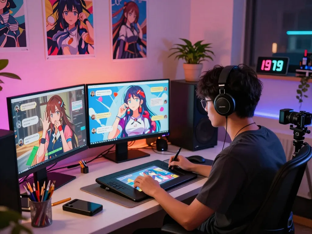 Engaging scene of vibrant Hentai AI chat interactions in a creative digital workspace.