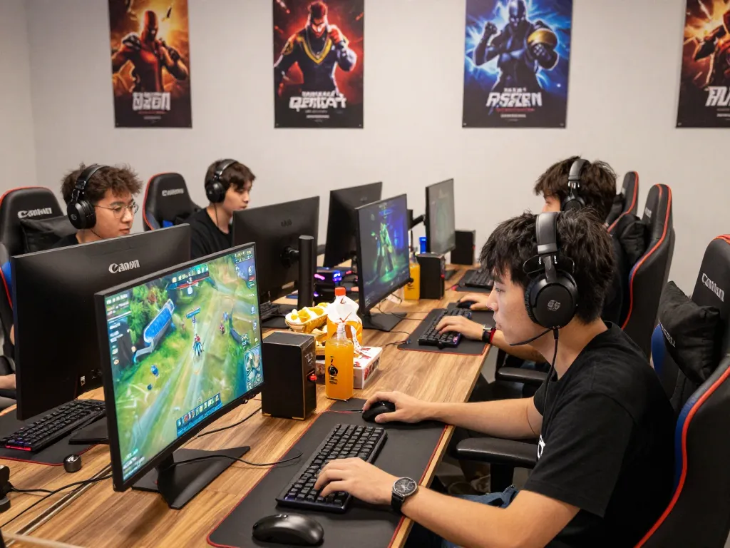 Exciting gaming lounge with players engaged in sunwin20 online gaming experience and vibrant graphics.