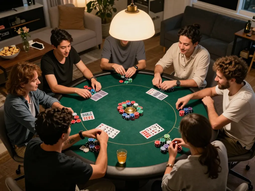 Players enjoying a friendly poker game night at home featuring 888b's thrilling gaming experience