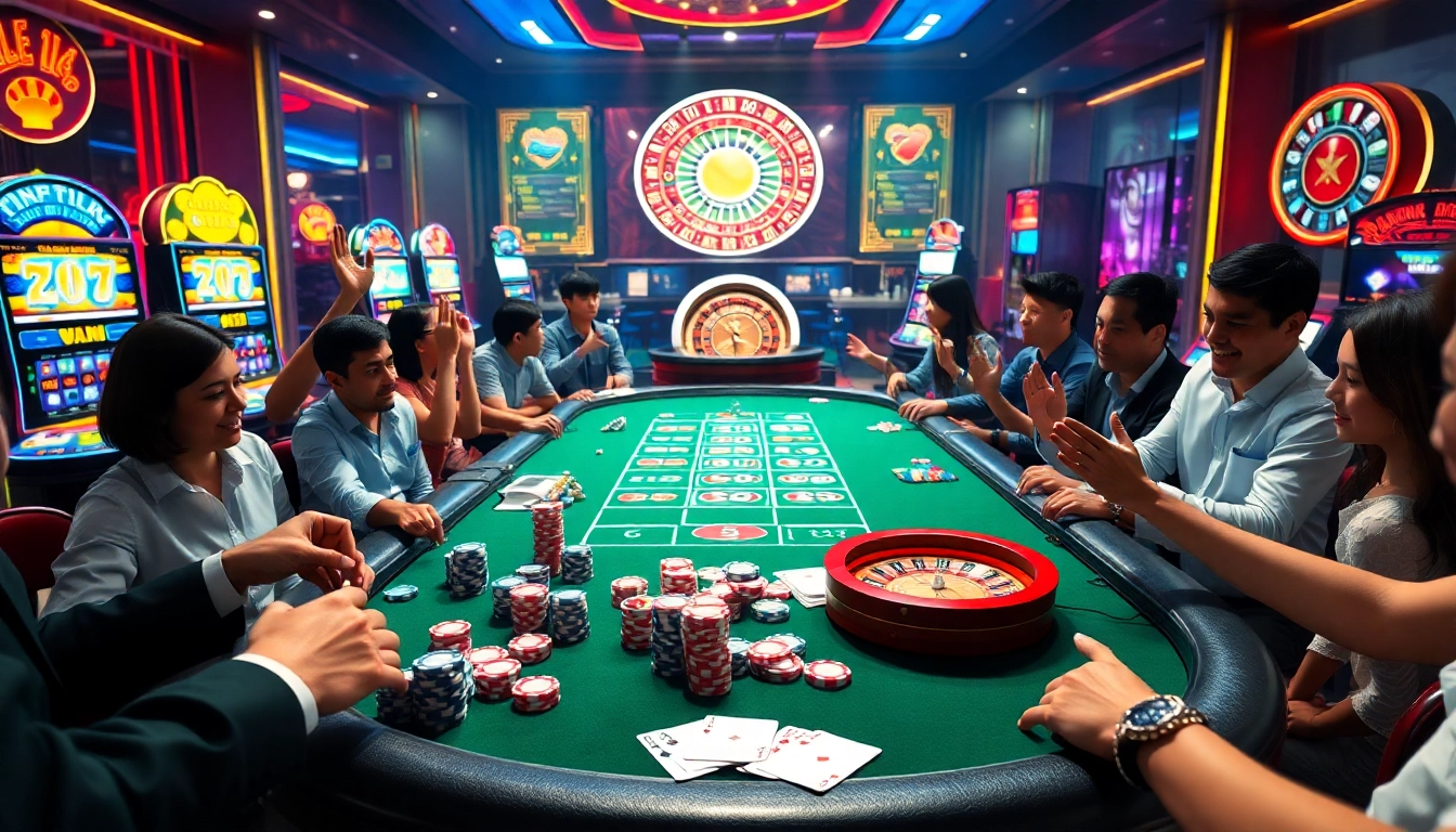 Engaging scene showcasing the excitement of gambling at nhà cái lu88 with vibrant casino elements.