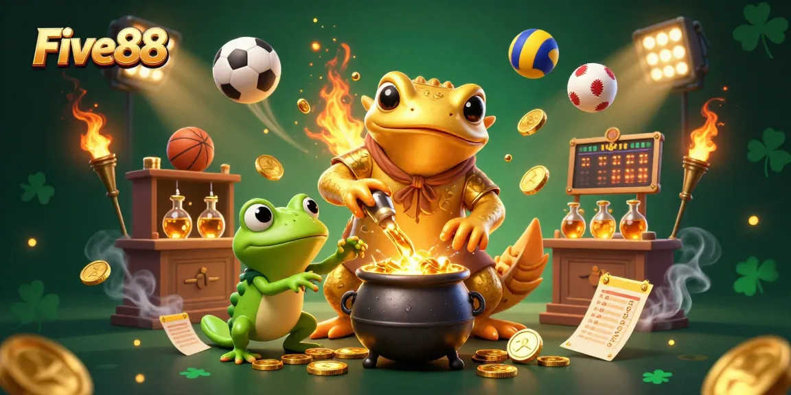 Experience vibrant gaming with Five88's 3D casino elements featuring gold and sports.
