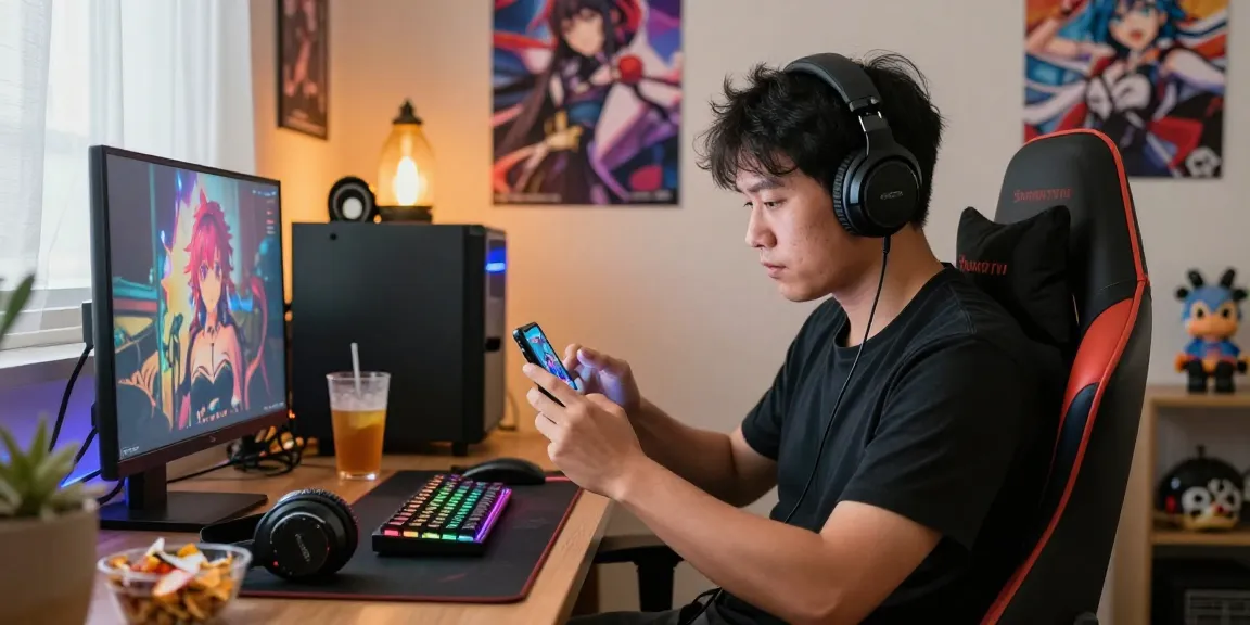 Immersed in a mobile hentai game, a focused gamer enjoys a vibrant gaming setup with accessories and snacks in a cozy room.