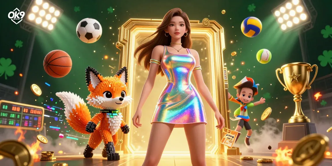 Experience thrilling actions at ok9 com with this vibrant, dynamic casino illustration showing sports betting elements.