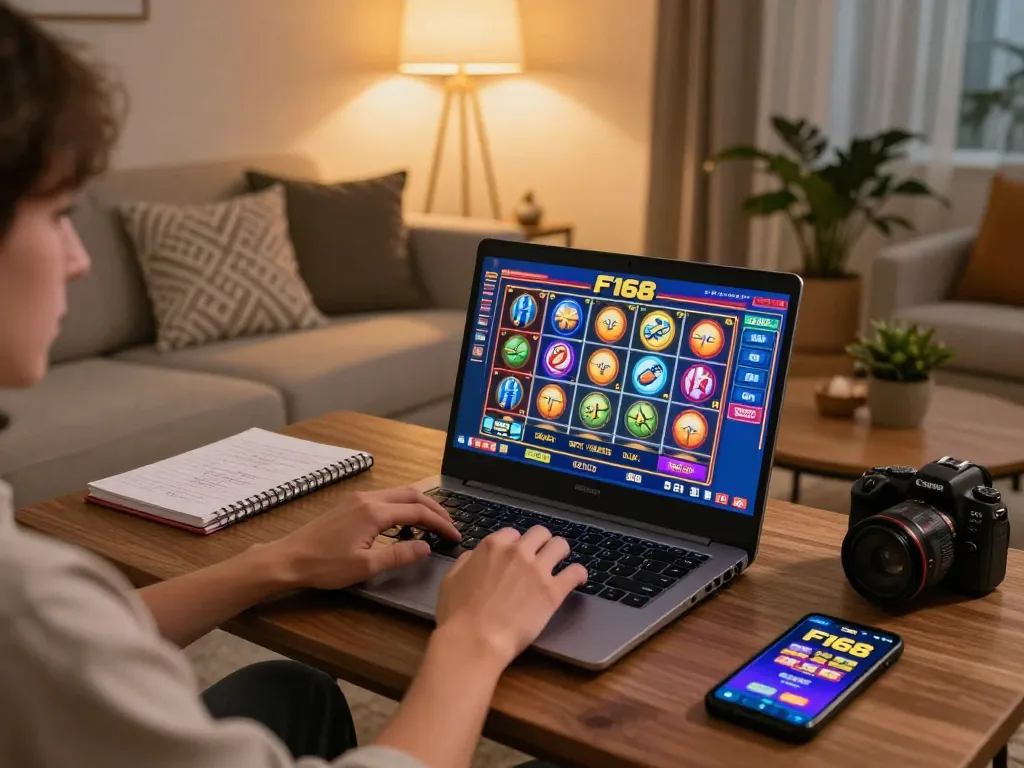 Player engaging with F168 online casino on laptop in cozy home environment, showcasing vibrant slot game interface.