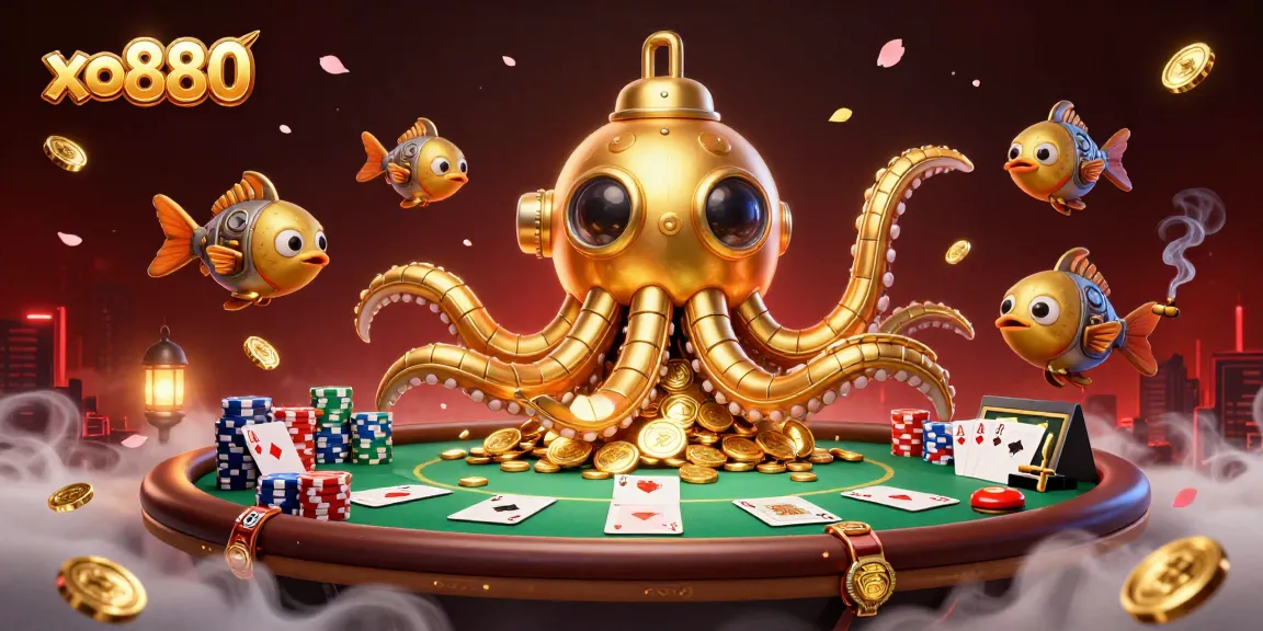 Engage with xo880's exciting casino action featuring a golden kraken and dynamic poker elements.