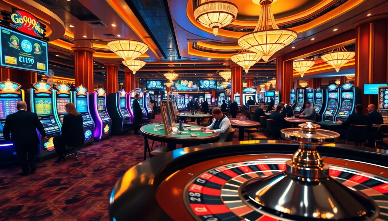 Experience the excitement of go999.it.com with vibrant casino visuals showcasing slot machines and poker tables.