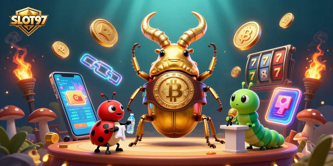 SLOT97 promotes online gambling with a colorful scene featuring characters and dynamic casino elements.