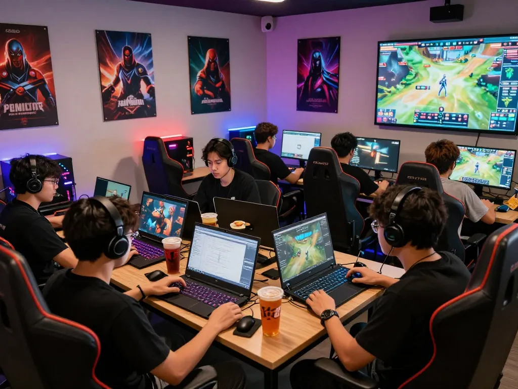 Gaming lounge scene at https://rikviprent.com, featuring players engaged with laptops and colorful LED lights.