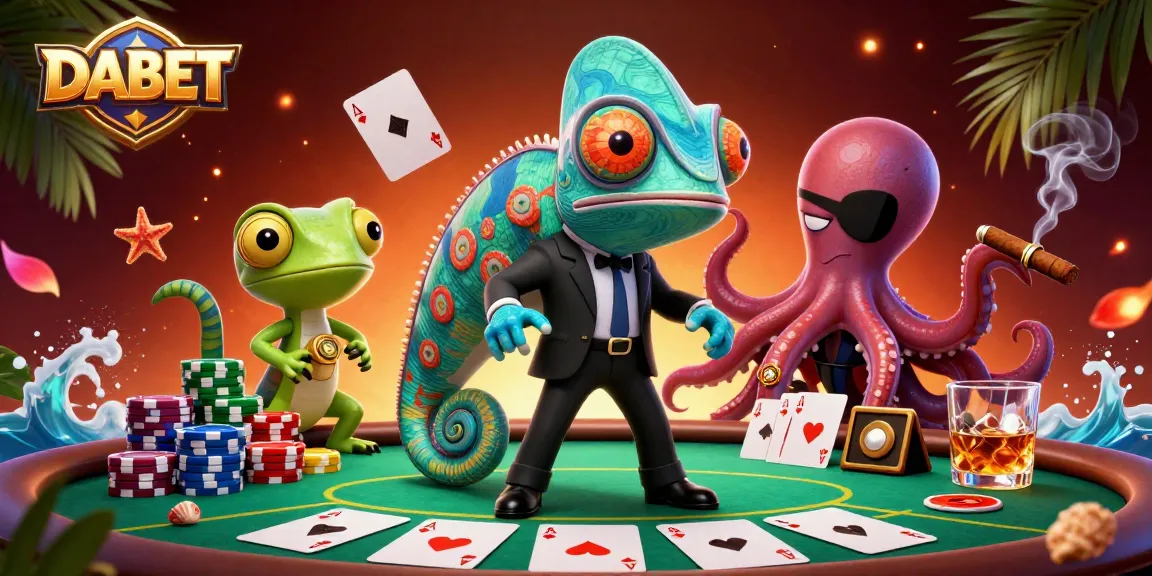 DABET gaming scene featuring dynamic characters at a lively poker table with vibrant casino elements.