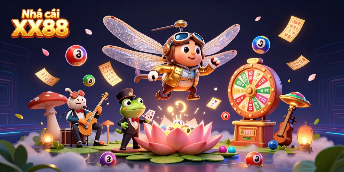 Engage with Nhà cái XX88 as a vibrant dragonfly pilot oversees a lively casino filled with colorful lottery balls and dynamic gaming elements.