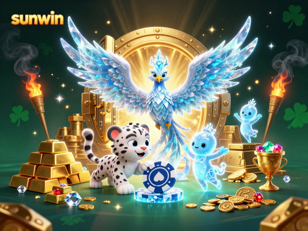 Immerse in sunwin's animated casino world with a phoenix, snow leopard, and sparkling treasures.
