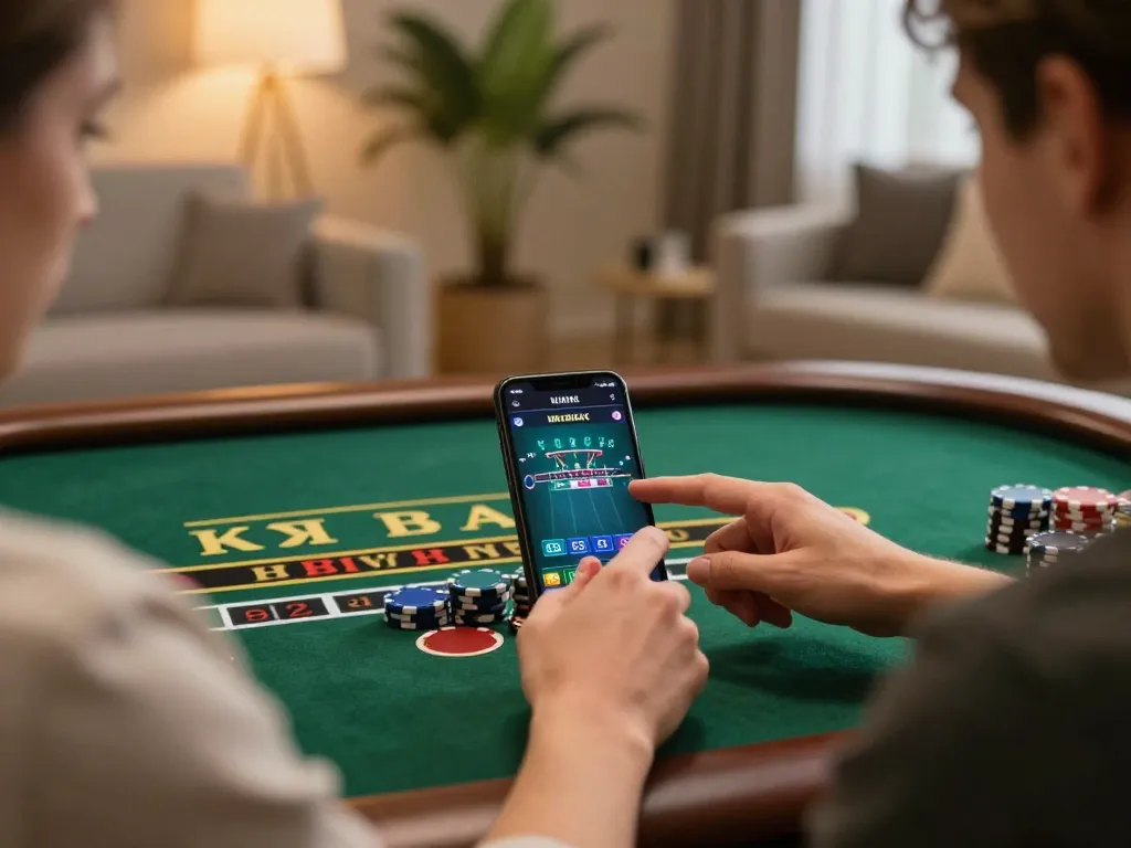Player engaging with tr88 mobile casino blackjack app in a cozy home setting, showcasing strategic gameplay.