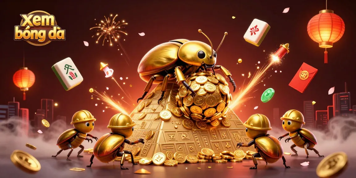 Xem bóng đá while enjoying a vibrant 3D cartoon scene of beetles rolling golden coins, surrounded by rich gambling symbols.