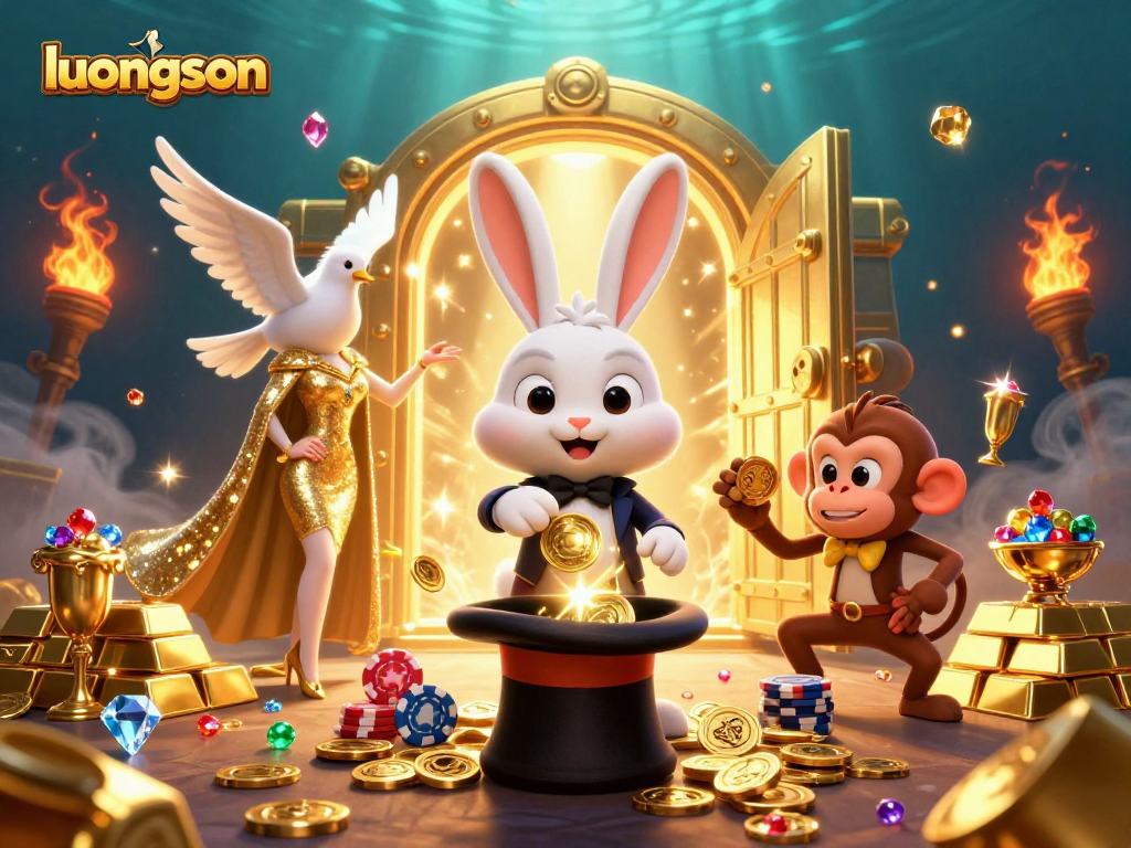 luongson entertains gamblers with a magician rabbit pulling coins in a vibrant casino scene