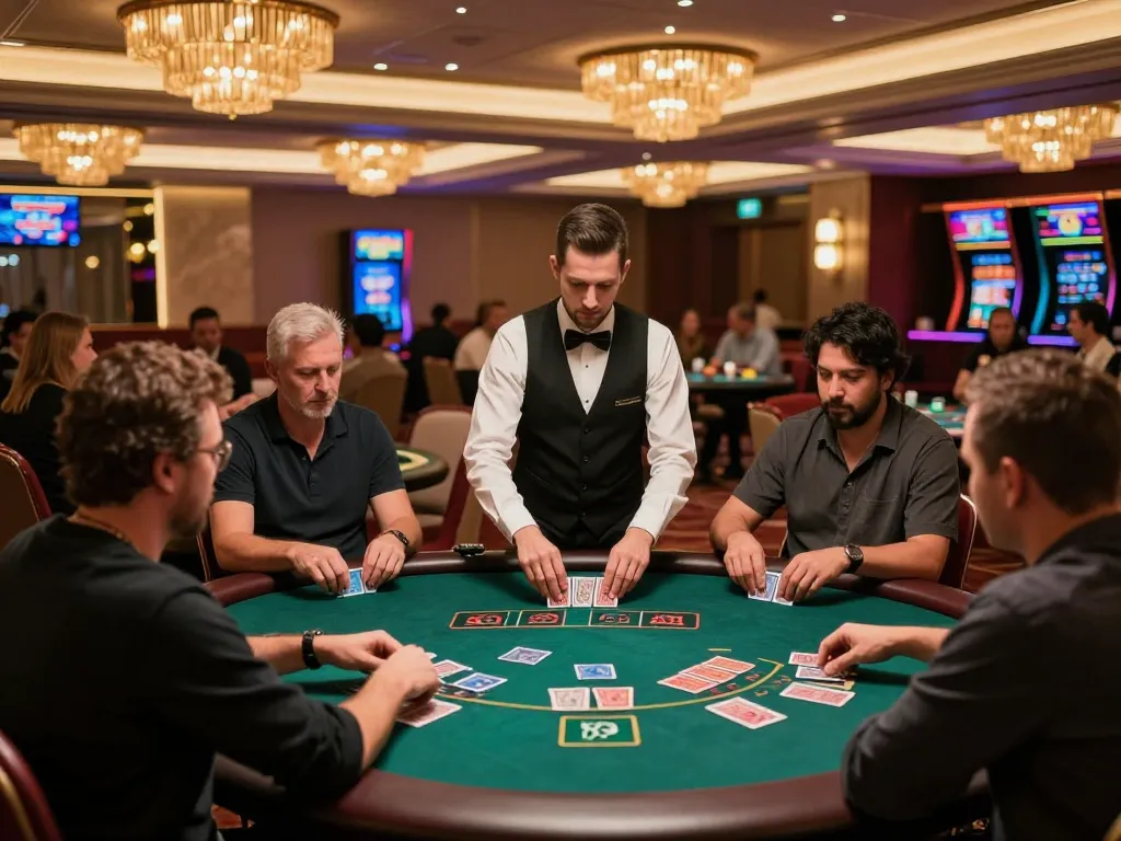 Players enjoy thrilling blackjack action at LC88 casino, showcasing dealer shuffling cards