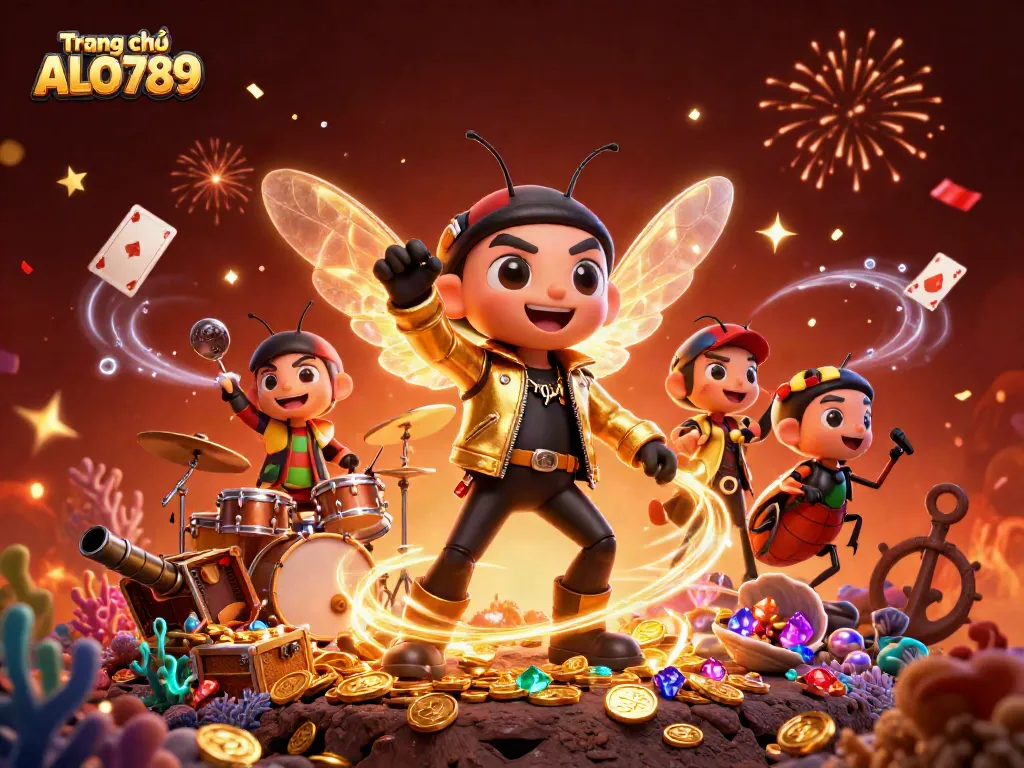 Engage with Trang chủ ALO789 in this vibrant gambling scene featuring a rock star cicada and dynamic game elements.