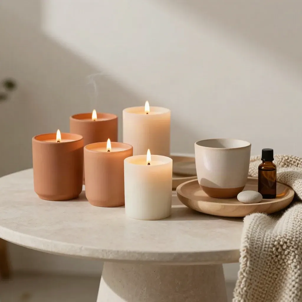 Rituale relax con candele accese, tazza in ceramica e coperta morbida su tavolo in gesso.