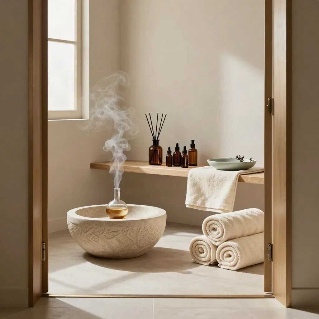 Angolo di aromaterapia con diffusore, oli ambrati, asciugamani arrotolati e sedia in lino.