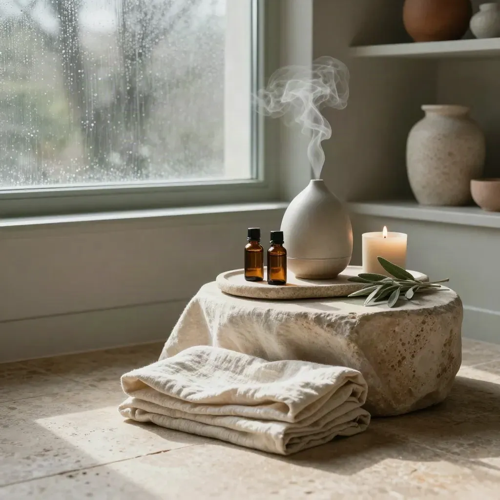 Suite di aromaterapia con diffusore, bottiglie ambrate e luce mattutina dopo la pioggia.
