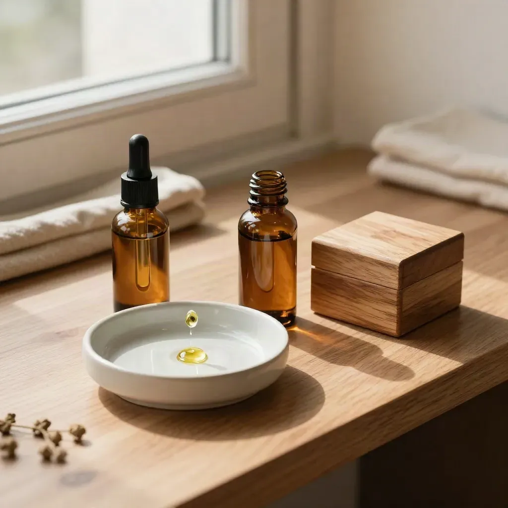 Tre flaconi d’ambra, pipetta e piattino in ceramica con una goccia d’olio sospesa.
