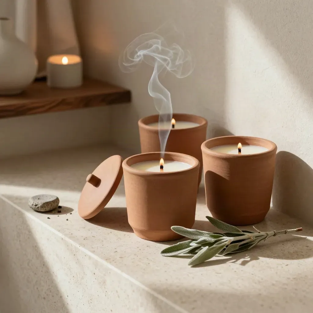 Tre candele in cera vegetale su travertino con salvia e fumo di stoppino
