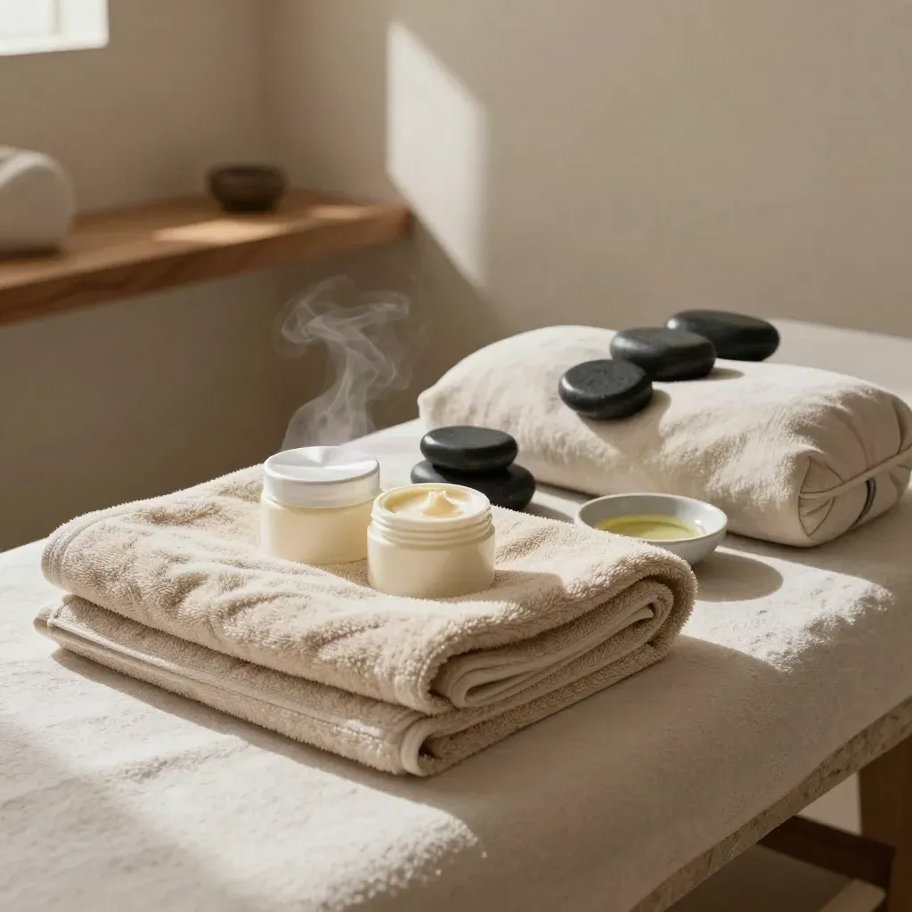 Tavolo spa con asciugamani, vasetti di burro corpo, pietre basaltiche e rullo in lino.