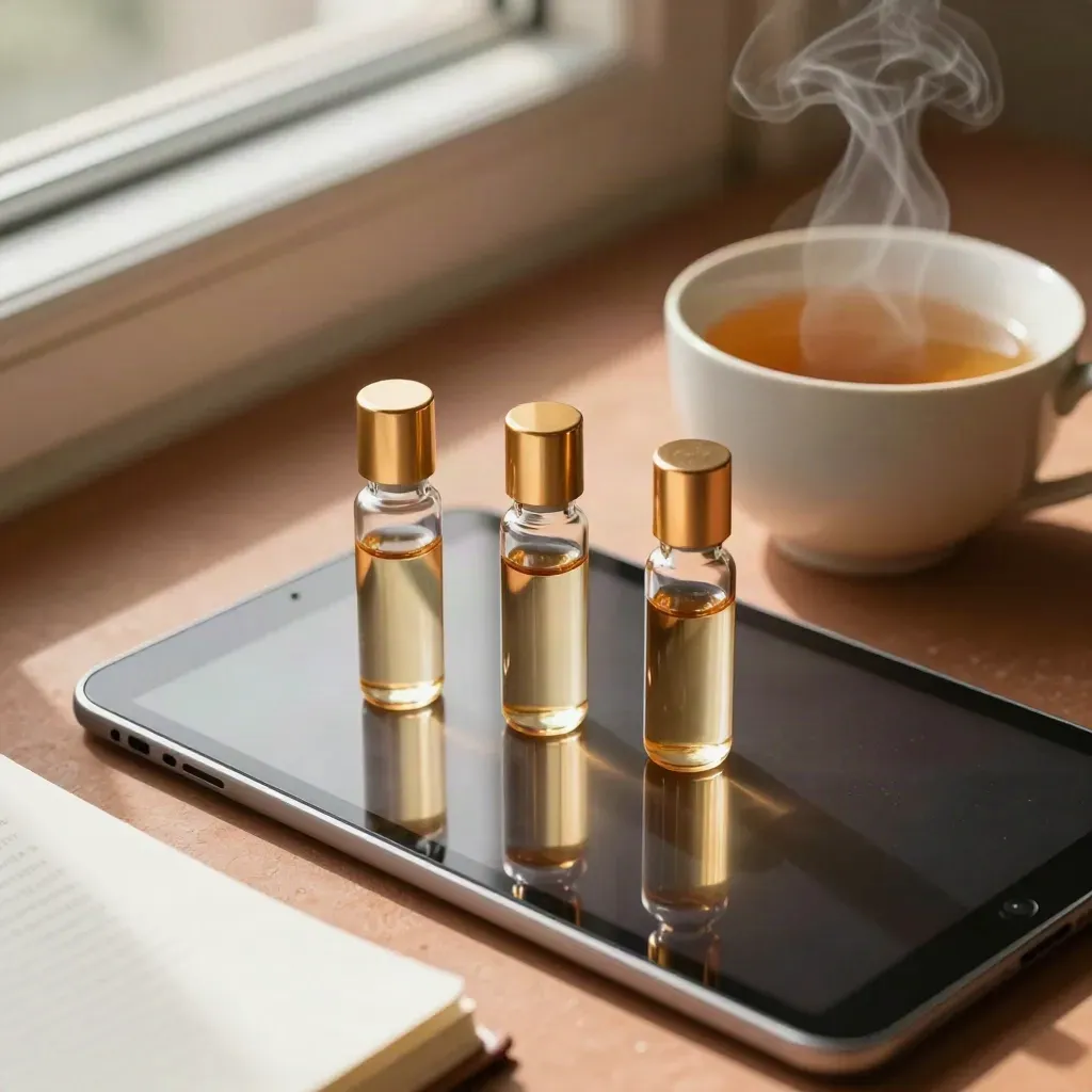 Tablet, taccuino chiuso, tè e viali profumati su superficie terracotta, luce calda.