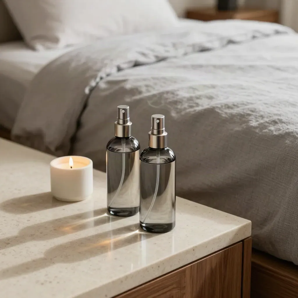 Bottiglie spray in vetro fumé, candele e lino lisciato su comodino d’hotel