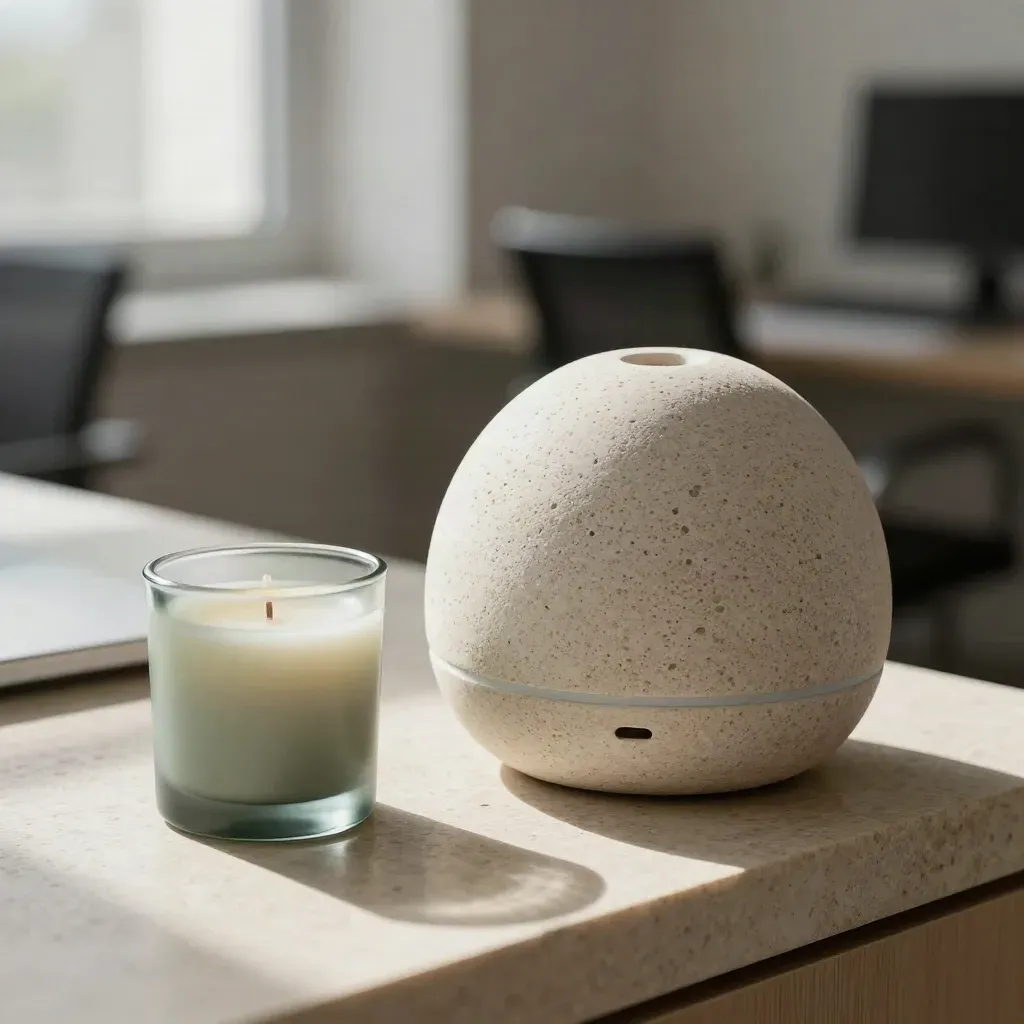 Diffusore in pietra e candela su gesso chiaro, luce morbida da finestra, ufficio milanese più quieto.