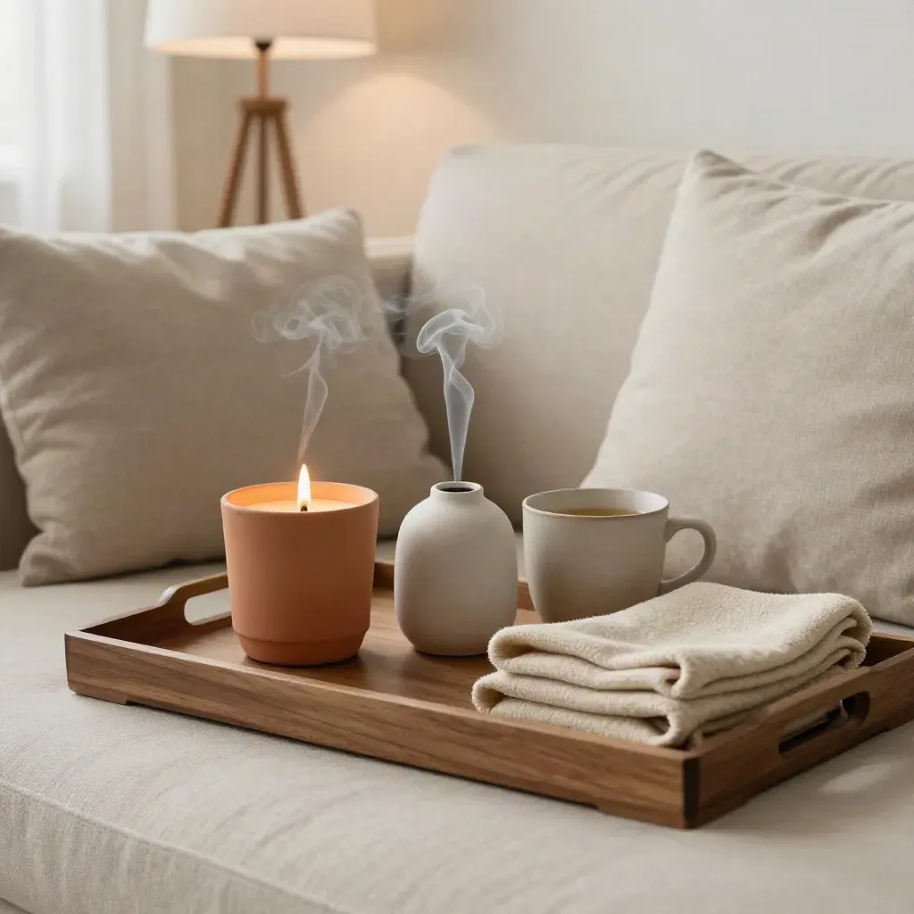 Tray rituale con candela, diffusore, tazza e coperte in un salotto caldo