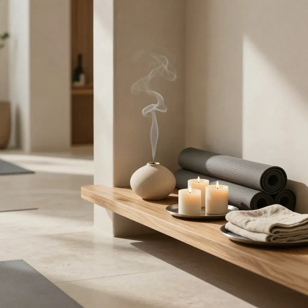 Angolo reception di studio yoga con diffusore in terracotta, candele e tappetini arrotolati.