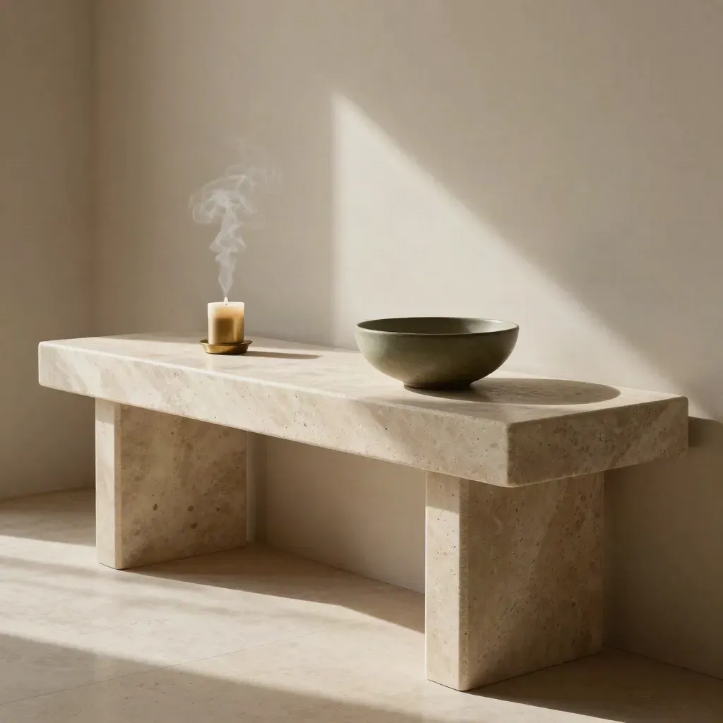 Sala d'attesa elegante con console in pietra, candela accesa, ciotola verde oliva e diffusore.