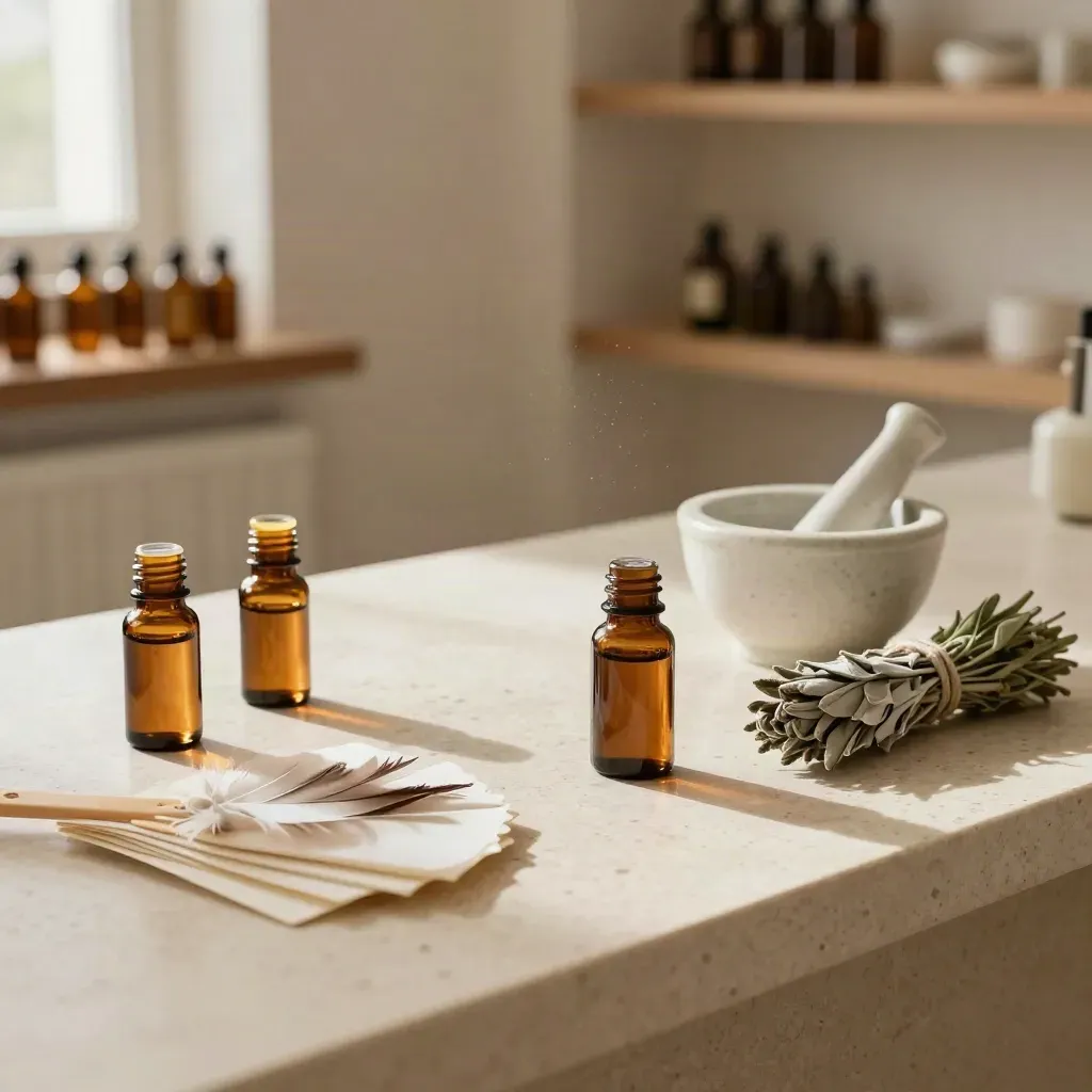 Bottiglie d’olio essenziale, tamponi olfattivi, mortaio in ceramica e salvia su travertino.
