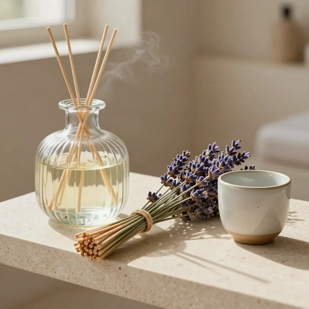 Diffusore in vetro, lavanda, bacchette e tazza in ceramica su travertino chiaro.